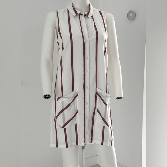 BCBG Generation Striped Button Up Shirt Dress Size XS White Burgundy Stripes - Picture 1 of 8
